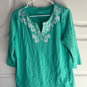 Talbots Teal Embroidered V-Neck Tunic